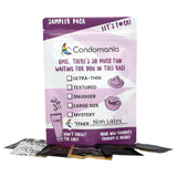 Explore Condomania's Non-Latex Condom Sampler, perfect for latex allergy sufferers. This fun pack offers a checklist featuring ultra-thin, textured, snugger, large sizes, and mystery options. Its playful purple packaging includes extra scattered packets for added excitement.