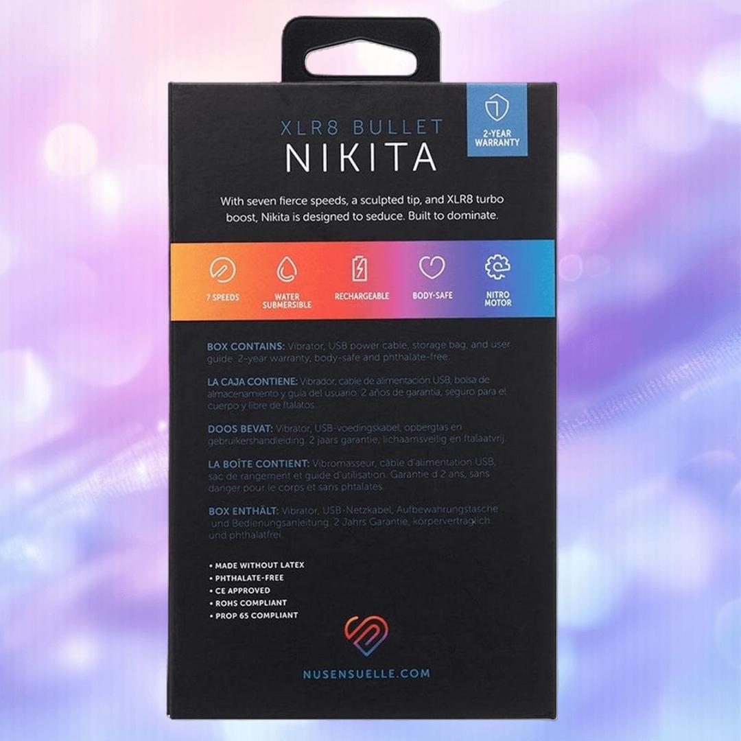The back of the Nu Sensuelle Nikita - Pink by NOVEL CREATIONS USA showcases this rechargeable bullet vibrator’s 7 speeds, waterproof build, body-safe materials, and powerful motor on a soft purple and blue gradient background.