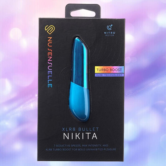 A black and blue box features the "Nu Sensuelle Nikita - Deep Turquoise" by NOVEL CREATIONS USA, a rechargeable clitoral stimulator with turbo-boost technology and seven speeds. The background is a soft blend of lavender and blue hues. 1200