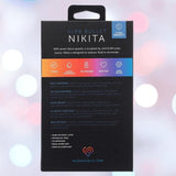 The back of the Nu Sensuelle Nubii Raine Tapping Vibrator with Warming and Turbo Boost - Pink box from NOVEL CREATIONS USA highlights its waterproof design, multiple speeds, rechargeability, body-safe features, multilingual details, and warranty info.