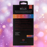 The image shows the back of a Nu Sensuelle Velvet Touch Bella - Emerald Green box from NOVEL CREATIONS USA, highlighting internal/external vibe modes and velvet touch liquid silicone, against a soft purple-pink bokeh background.