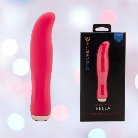 A hot pink, curved-tip Nu Sensuelle Velvet Touch Bella Vibrator with Turbo Boost by NOVEL CREATIONS USA stands upright next to its box, set against a soft pastel bokeh background. 1080