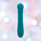 The Nu Sensuelle Velvet Touch Luna Vibrator with Turbo Boost by NOVEL CREATIONS USA in emerald green offers 20 vibration patterns and is waterproof, featuring a rounded tip and two control buttons for easy use.