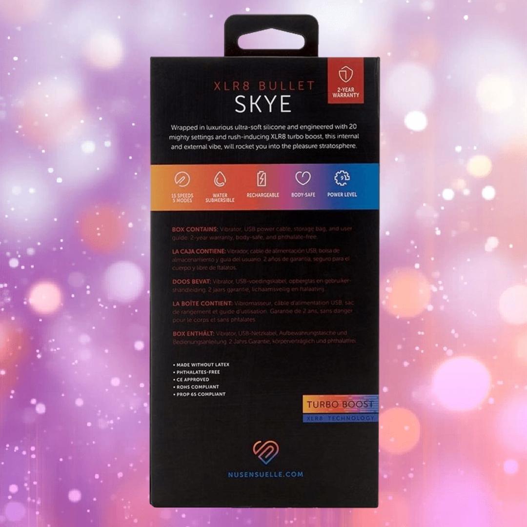 The image shows the back of a black box labeled "Nu Sensuelle Velvet Touch Skye - Emerald Green" by NOVEL CREATIONS USA, featuring a velvet silicone bullet vibrator with 20 settings, XLR8 turbo boost, water resistance, and body-safe design.