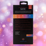 The image shows the back of a black box labeled "Nu Sensuelle Velvet Touch Skye - Emerald Green" by NOVEL CREATIONS USA, featuring a velvet silicone bullet vibrator with 20 settings, XLR8 turbo boost, water resistance, and body-safe design.