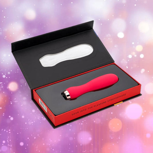 The Nu Sensuelle Velvet Touch Skye in Hot Pink by NOVEL CREATIONS USA features a velvet-touch silicone bullet, showcased in an open black and red box, offering 20 vibration settings for personalized pleasure. 1080