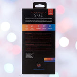 The back of the Nu Sensuelle Velvet Touch Skye Vibrator with Turbo Boost box highlights its 20 vibration settings. This rechargeable NOVEL CREATIONS USA bullet is body safe and powerful, with emerald green styling and packaging detailing what's included.