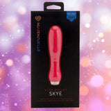 The Nu Sensuelle Velvet Touch Skye - Hot Pink by NOVEL CREATIONS USA, featuring 20 vibration settings and soft silicone, is showcased in its sleek black box against a sparkling purple and pink background.