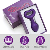The OhMiBod Lovelife Explore Butt Plug - Purple by OhMiBod is shown in an open box with a heart-shaped handle. This smooth anal plug set includes a user manual and privacy pouch, all in coordinated purple packaging.