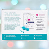 The OhMiBod Lovelife Krush Smart Kegel Fitness (Turquoise) box features the Bluetooth-enabled device, app interface, waterproof design, USB rechargeable battery, vibration feedback, and a one-year warranty by OhMiBod.