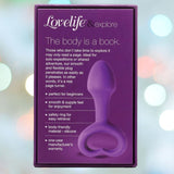 A purple OhMiBod Lovelife Explore Butt Plug features a smooth, flexible silicone body, heart-shaped safety base, beginner-friendly design, and comes with a one-year warranty—perfect for solo play or shared fun.