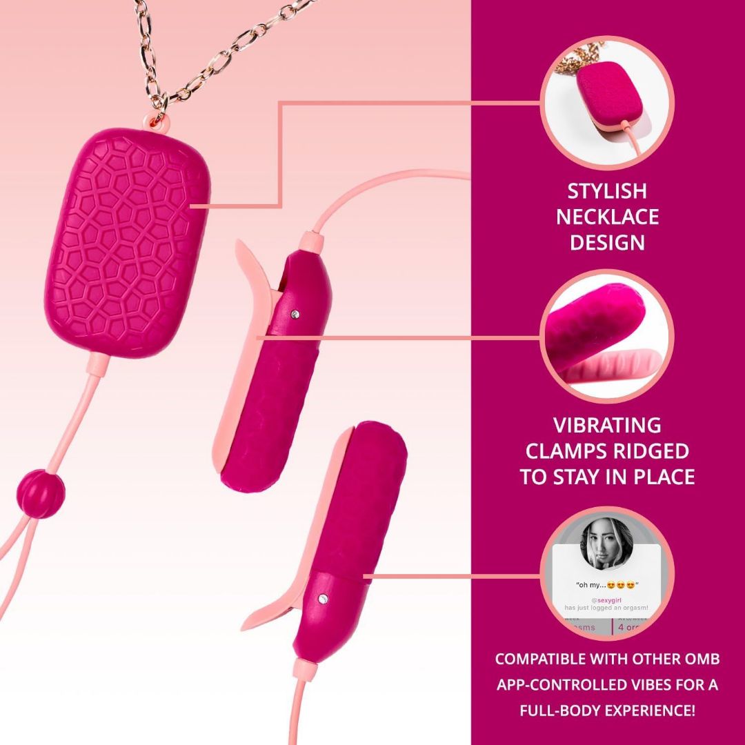 The OhMiBod Sphinx Bluetooth App-controlled Nipple Clamps in Raspberry feature a stylish necklace design and secure, winged clamps. Enjoy seamless, app-controlled pleasure anywhere with the free OhMiBod Remote App.