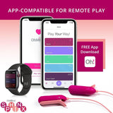 Two smartphones and a smartwatch display the OhMiBod Sphinx Bluetooth App-controlled Nipple Clamps in Raspberry, highlighting remote play features via a free app download from OhMiBod.