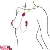 Minimalist line art of a woman's torso features OhMiBod Sphinx Bluetooth App-controlled Nipple Clamps in raspberry on her chest, with the "OhMiBod" logo in the lower left corner.