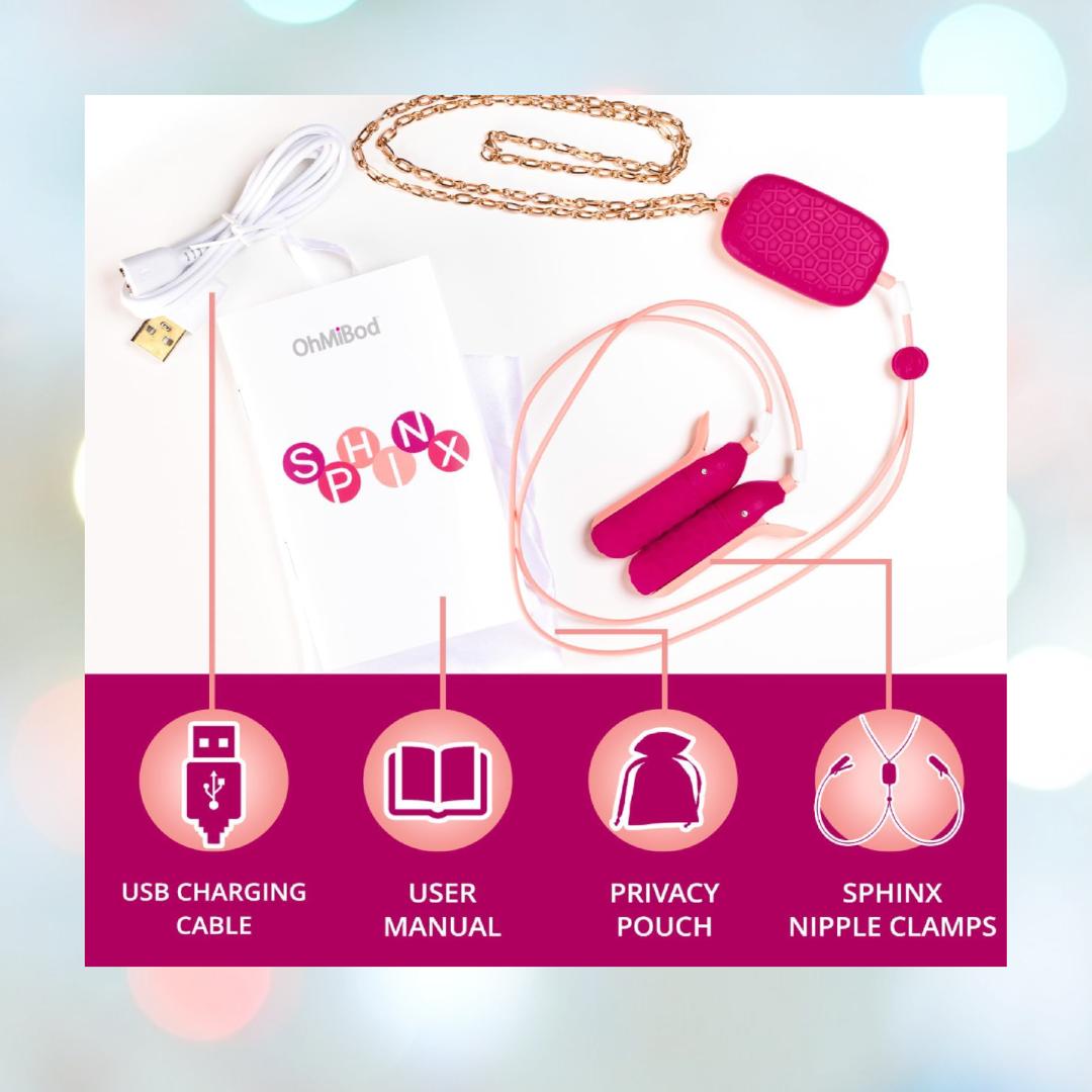 The OhMiBod Sphinx Bluetooth App-controlled Nipple Clamps - Raspberry set includes a USB charging cable, user manual, privacy pouch, and the stylish OhMiBod vibrating clamps—shown on a pastel background with icons for each item.