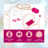 The OhMiBod Sphinx Bluetooth App-controlled Nipple Clamps - Raspberry set includes a USB charging cable, user manual, privacy pouch, and the stylish OhMiBod vibrating clamps—shown on a pastel background with icons for each item.