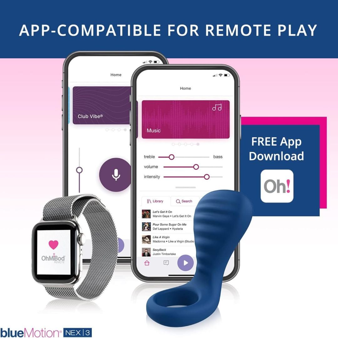 Image showcasing a smartphone with a sound app display, a smartwatch featuring a heart icon with "OhMiBod," and the navy blue OhMiBod blueMotion NEX|3 Couple's Ring. Text reads "App-Compatible for Remote Play" and "Free App Download Oh!" Perfect for elevating intimacy with this innovative device by Velvet Wave.