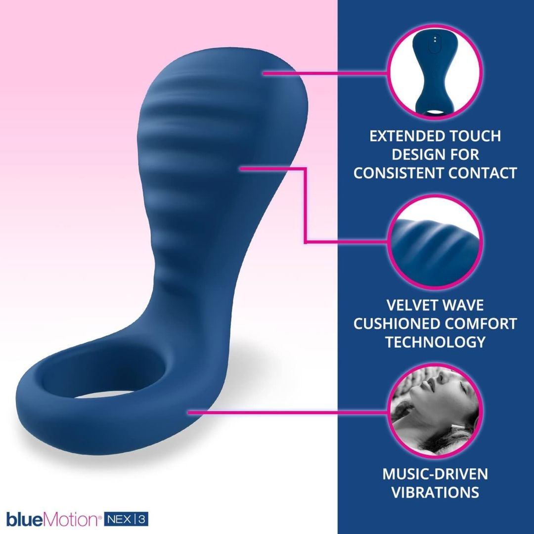 The OhMiBod blueMotion NEX|3-Navy Blue Couple's Ring is a wearable tech marvel boasting a curved design and textured surface. It features "extended touch design," "velvet wave cushioned comfort technology," and "music-driven vibrations," all of which integrate effortlessly with the OhMiBod Remote App. Below is an image of a woman enjoying music.