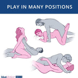 Illustration depicting three couples experimenting with various intimate positions, each showcasing a unique approach and interaction. The creativity is highlighted by the use of the OhMiBod blueMotion NEX|3-Navy Blue Couple's Ring. Text at the top reads, "Play in Many Positions.