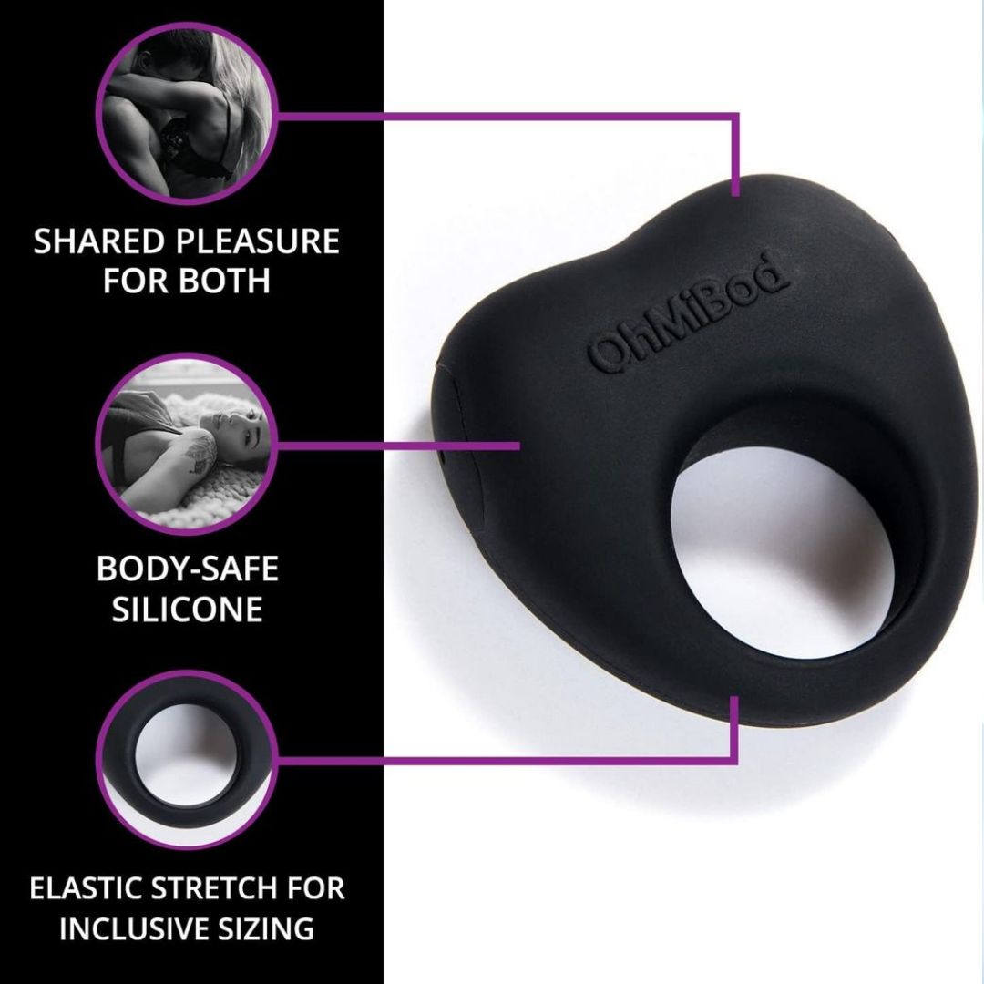 The OhMiBod Lovelife Share Couple’s Ring Vibe in black showcases features like "Shared Pleasure for Both," "Body-Safe Silicone," and "Elastic Stretch for Inclusive Sizing," making it an ideal choice for shared experiences with a sensual couples vibrator.