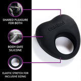 The OhMiBod Lovelife Share Couple’s Ring Vibe in black showcases features like "Shared Pleasure for Both," "Body-Safe Silicone," and "Elastic Stretch for Inclusive Sizing," making it an ideal choice for shared experiences with a sensual couples vibrator.