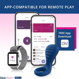 Image showcasing a smartphone with a sound app display, a smartwatch featuring a heart icon with "OhMiBod," and the navy blue OhMiBod blueMotion NEX|3 Couple's Ring. Text reads "App-Compatible for Remote Play" and "Free App Download Oh!" Perfect for elevating intimacy with this innovative device by Velvet Wave.