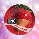 A round label for ONE Chocolate Strawberry Flavored Condoms 🍓 shows a chocolate-dipped strawberry and the word "ONE" in bold; "Chocolate Strawberry" appears diagonally below on a glowing red background, hinting at its vegan formula.