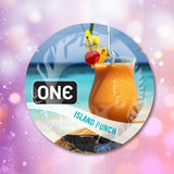 A tropical drink garnished with pineapple and a cherry sits on a beach, turquoise water behind it. The label reads "ONE Island Punch Flavored Condoms 🍍" by ONE, set against a sparkling, pastel-colored backdrop.