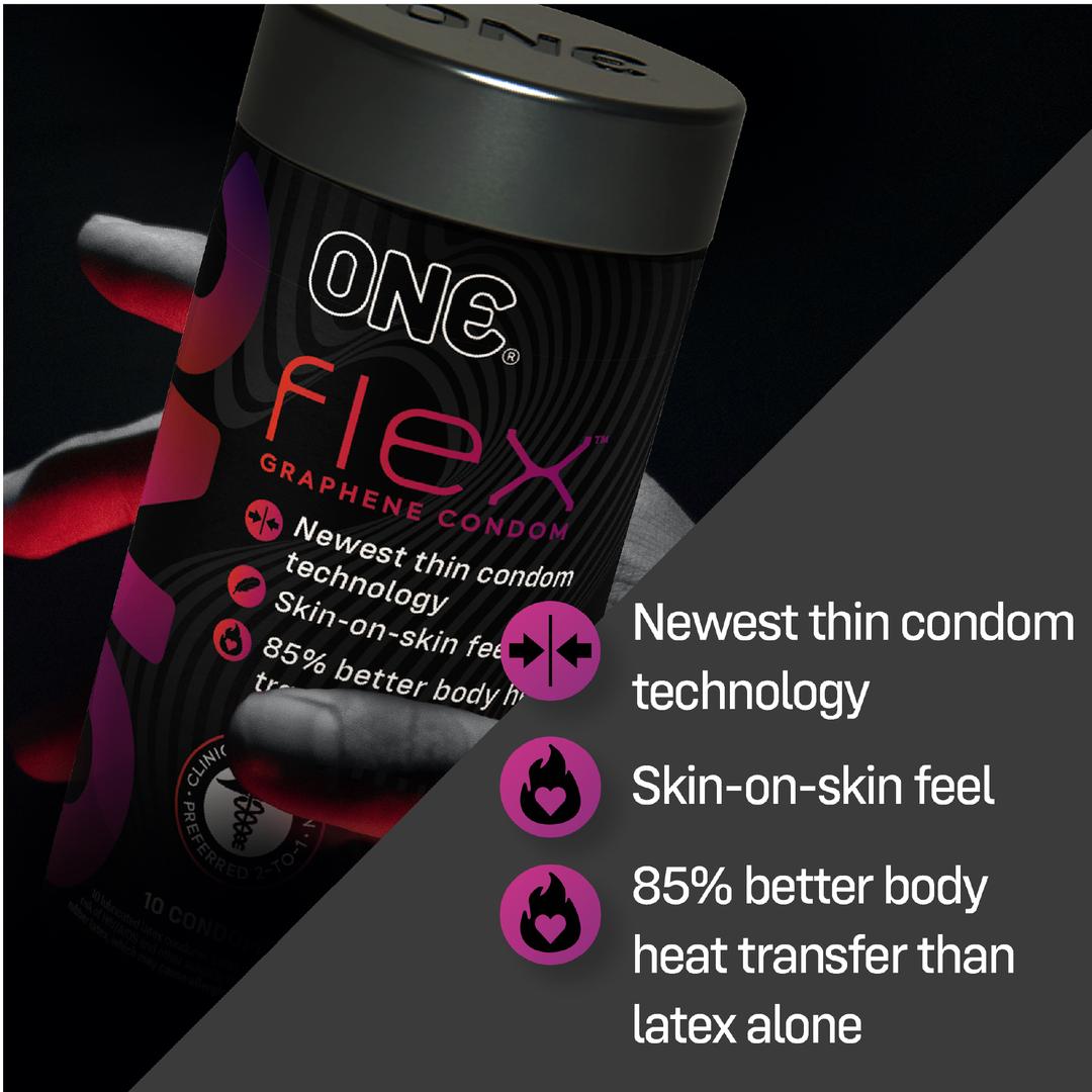 A hand holds a pack of ONE Flex Graphene Ultra-Thin Condoms by ONE, featuring advanced thin technology for a skin-on-skin feel and 85% better body heat transfer than standard latex.