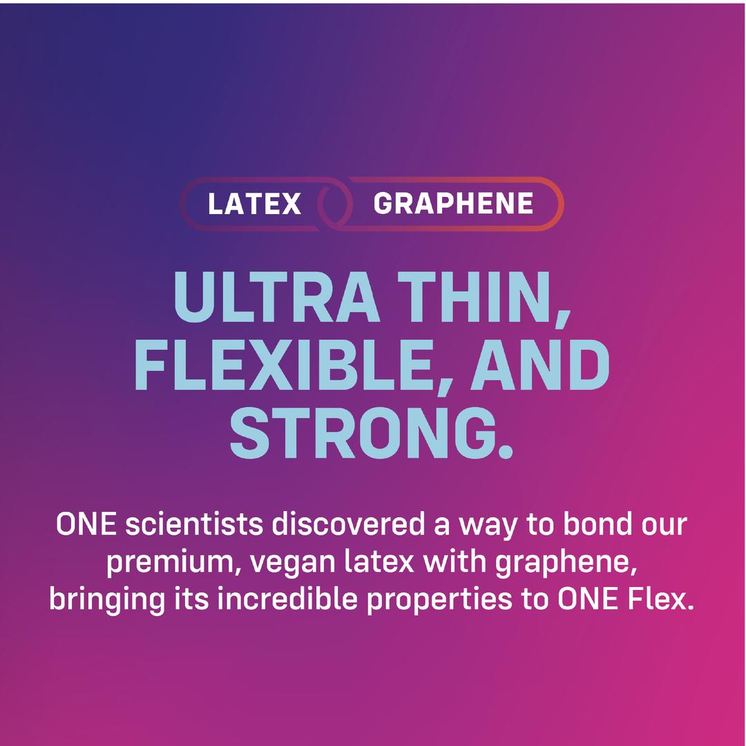 Text graphic with a gradient purple background reads: "ONE Flex Graphene Ultra-Thin Condoms. Ultra thin, flexible, and strong. ONE scientists bonded premium vegan latex with graphene for next-gen protection in ultra-thin condoms.