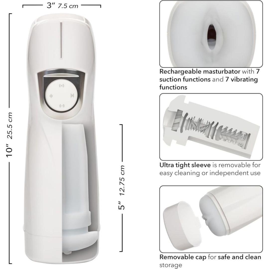 The CalExotics Optimum Power Lifelike Pulsar Stroker features powerful vibration and suction, an ultra-tight lifelike stroker sleeve for easy cleaning, removable cap, and measures 10" x 3" (25.5 cm x 7.5 cm).