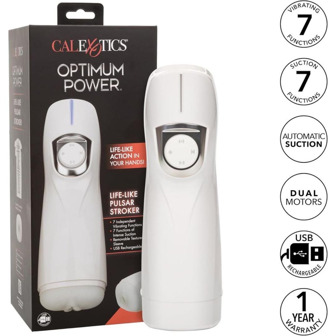 The CalExotics Optimum Power Lifelike Pulsar Stroker is displayed beside its packaging, with icons highlighting 7 vibration and suction functions, dual motors, automatic suction, USB rechargeability, and a 1-year warranty.