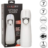 The CalExotics Optimum Power Lifelike Pulsar Stroker is displayed beside its packaging, with icons highlighting 7 vibration and suction functions, dual motors, automatic suction, USB rechargeability, and a 1-year warranty.