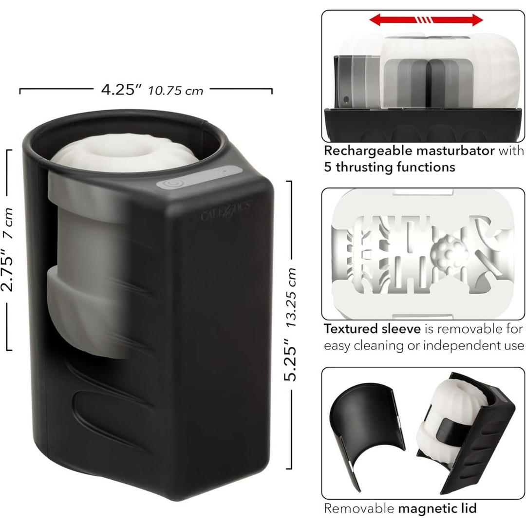 The CalExotics Optimum Power Power Thruster Male Masturbator, in black and white, offers 5 thrusting functions, a removable sleeve for easy cleaning, and a magnetic lid. Diagrams display internal features plus size dimensions.