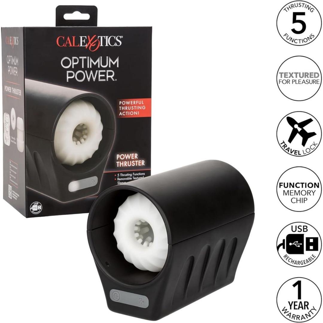 The CalExotics Optimum Power Power Thruster Male Masturbator is shown with its box. Features include 5 functions, textured stroker sleeve, travel lock, function memory chip, USB rechargeability, and a 1-year warranty.