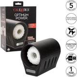 The CalExotics Optimum Power Power Thruster Male Masturbator is shown with its box. Features include 5 functions, textured stroker sleeve, travel lock, function memory chip, USB rechargeability, and a 1-year warranty.