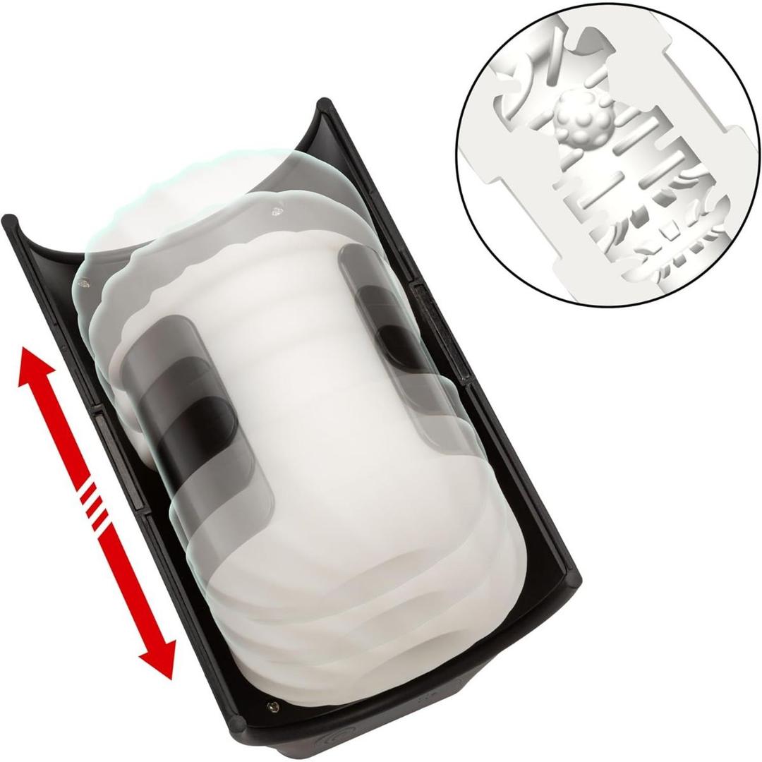 The CalExotics Optimum Power Power Thruster Male Masturbator features a translucent, cylindrical stroker sleeve with a ribbed and noduled interior in a black holder. A red arrow shows vertical motion; an inset reveals the textured cross-section.