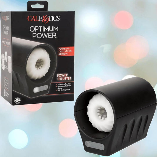 The CalExotics Optimum Power Power Thruster Male Masturbator is shown with packaging, featuring powerful thrusting action, a stroker sleeve, and USB rechargeable convenience. 1080