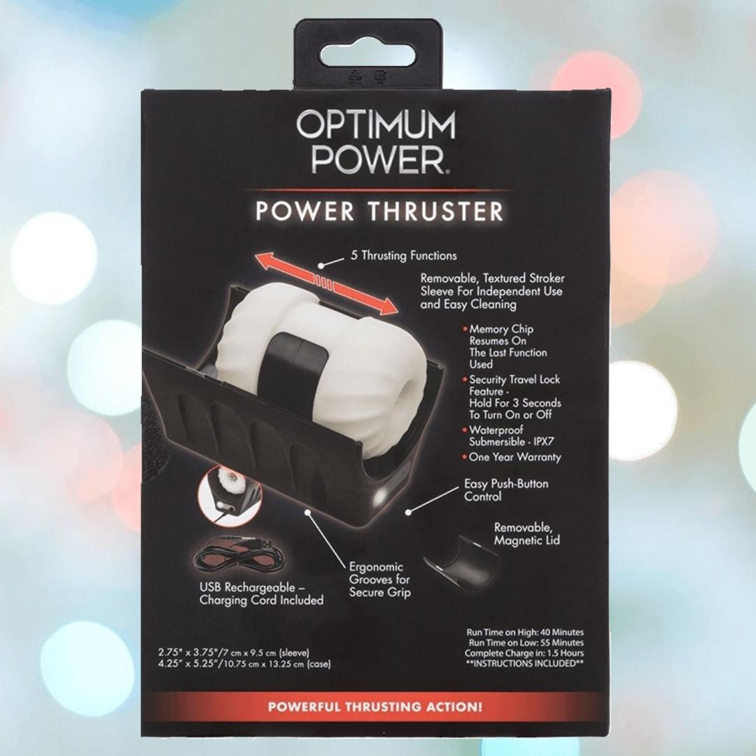The image shows the packaging for the CalExotics Optimum Power Power Thruster Male Masturbator, featuring 5 thrusting functions, a removable sleeve, ergonomic design, easy push-button control, and USB charging.