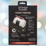 The image shows the packaging for the CalExotics Optimum Power Power Thruster Male Masturbator, featuring 5 thrusting functions, a removable sleeve, ergonomic design, easy push-button control, and USB charging.