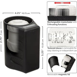 The CalExotics Optimum Power Power Thruster Male Masturbator, in black and white, offers 5 thrusting functions, a removable sleeve for easy cleaning, and a magnetic lid. Diagrams display internal features plus size dimensions.
