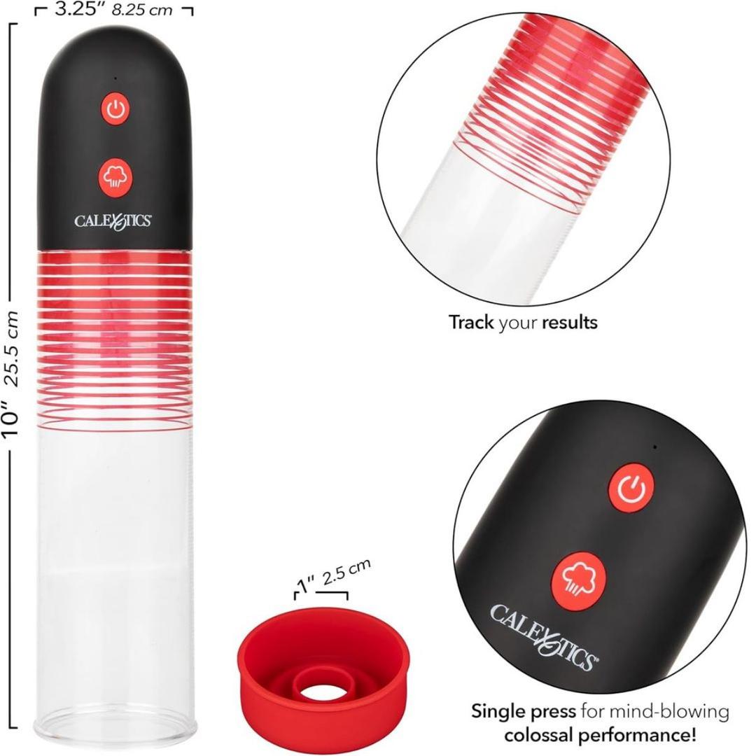 The Optimum Series Big Man’s Rechargeable EZ Pump by CalExotics is a cylindrical device with a black cap, red buttons, and a removable 1" (2.5 cm) red ring. It measures 10"x3.25" (25.5x8.25 cm) and offers easy operation with clear tracking results.