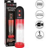 The CalExotics Optimum Series Big Man’s Rechargeable EZ Pump with red and black accents is shown beside its box. Features include single-handed action, superior suction, USB rechargeability, and a 1-year warranty.