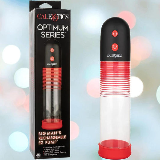 A red and black cylindrical device labeled "CalExotics" stands next to its packaging, which reads "Optimum Series Big Man’s Rechargeable EZ Pump," a rechargeable automatic pump. 1080