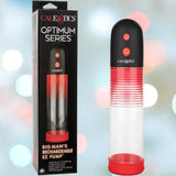 A red and black cylindrical device labeled "CalExotics" stands next to its packaging, which reads "Optimum Series Big Man’s Rechargeable EZ Pump," a rechargeable automatic pump.