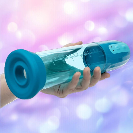 A hand holds the CalExotics Optimum Series Rechargeable Advanced Waterproof Pump—a clear cylindrical device with blue ends and a measurement scale—set against a purple and pink bokeh background. 1080