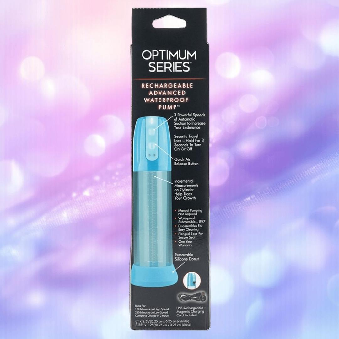 A rectangular box labeled "Optimum Series Rechargeable Advanced Waterproof Pump" by CalExotics stands upright against a purple and blue blurred background, featuring powerful speeds, quick air release, and USB charging on the packaging.