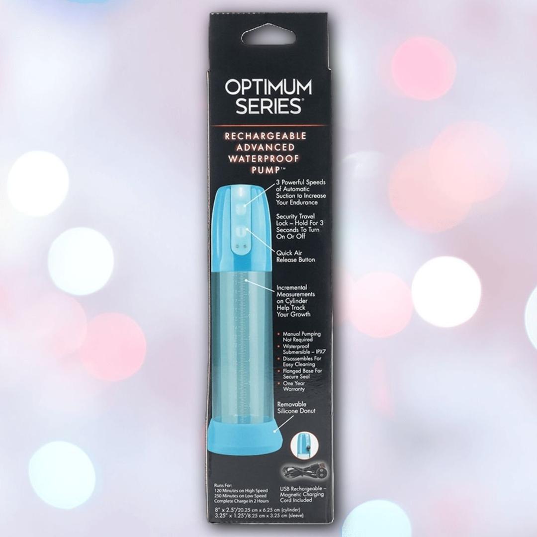 A packaged CalExotics Optimum Series Rechargeable Advanced Waterproof Pump, showcasing a blue and clear design. The black packaging displays features like automatic suction pump functionality in white text.