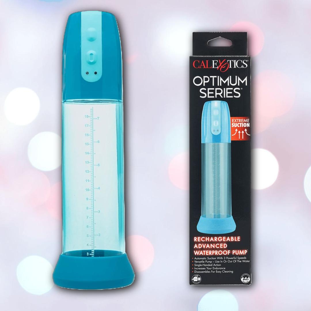 The CalExotics Optimum Series Rechargeable Advanced Waterproof Pump, in blue and clear with measurement markings, appears beside its box highlighting key features. Designed as a stamina booster.
