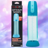 The CalExotics Optimum Series Rechargeable Advanced Waterproof Pump, featuring blue and clear design with measurement markings, is pictured beside its black packaging against a softly lit purple and pink background.